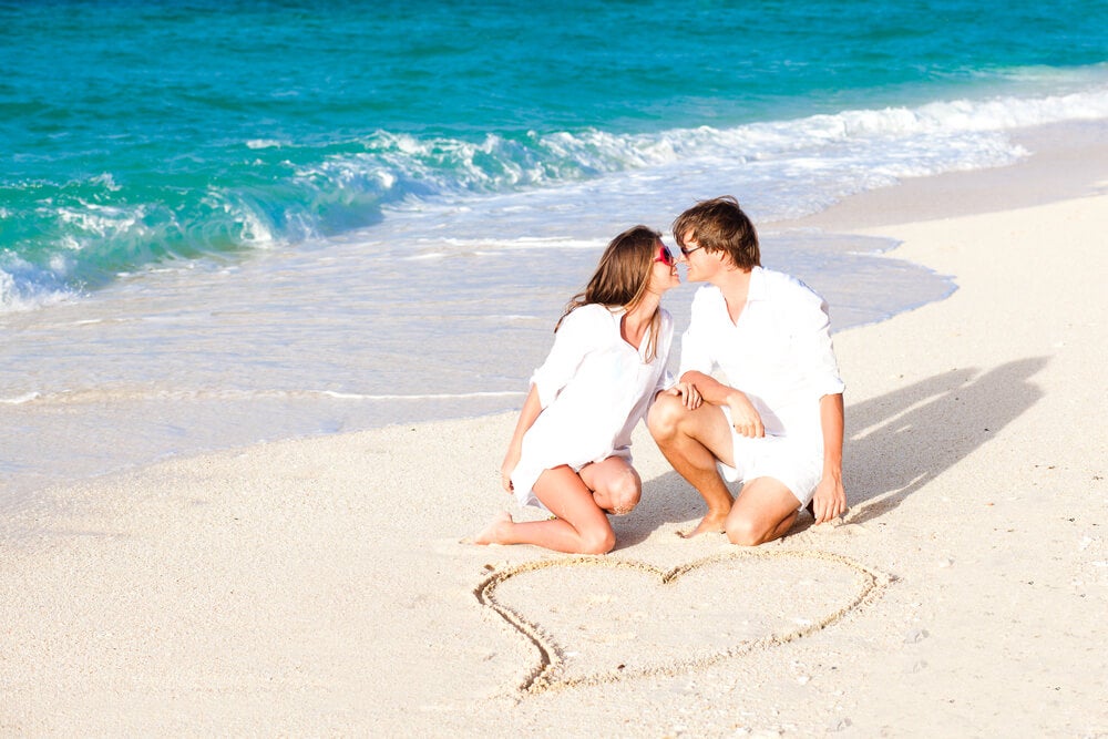 Couple sitting on the beach.